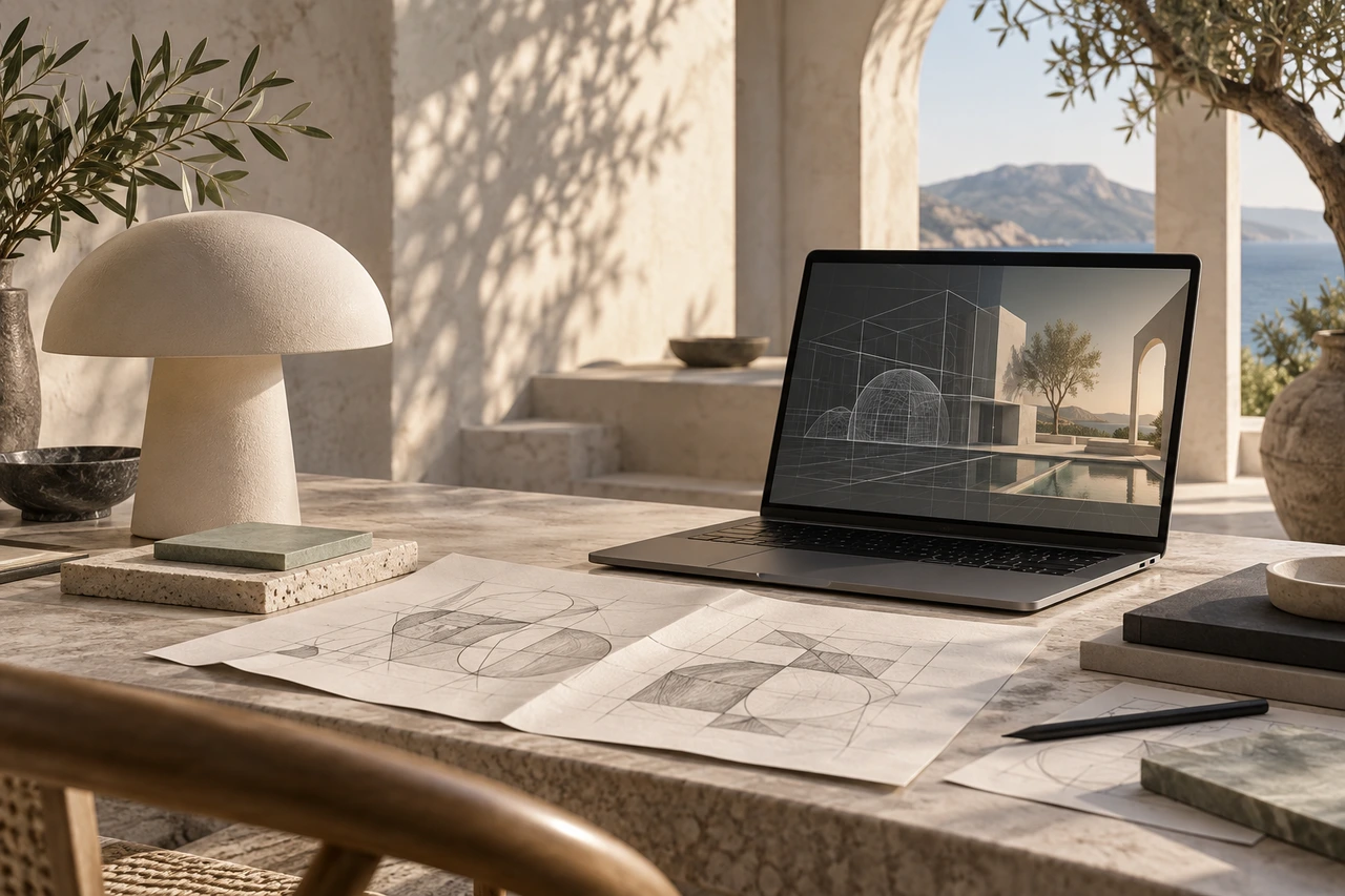 AI-generated concept of a creative studio with product samples and a computer