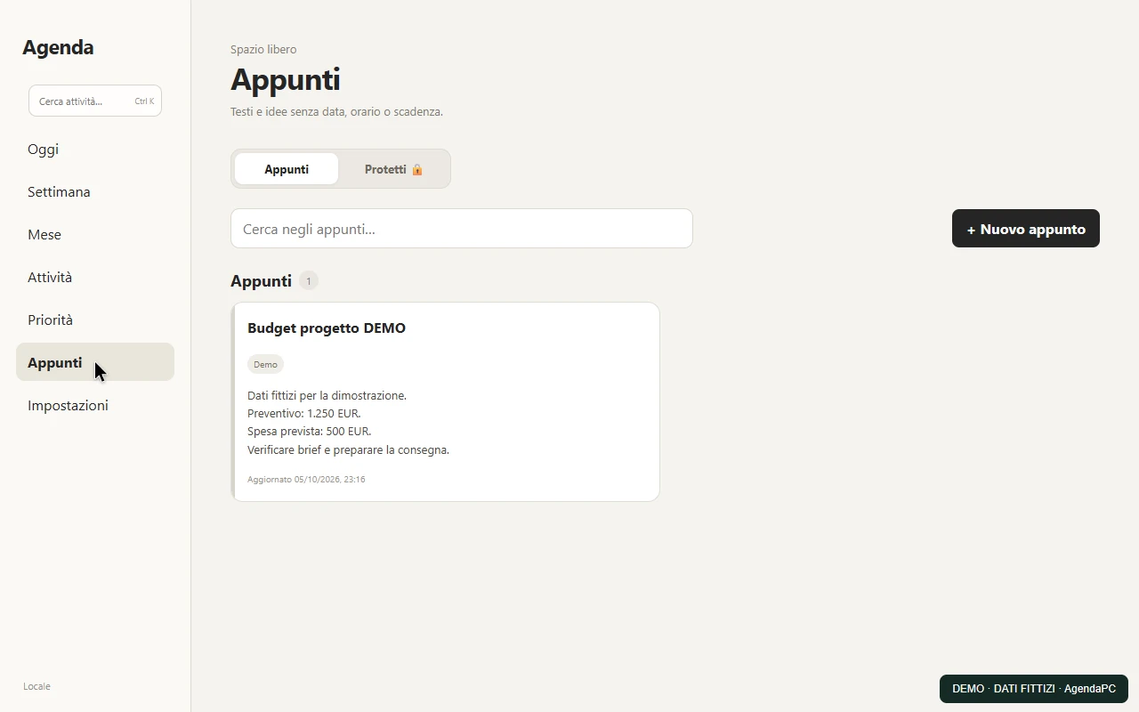 Actual AgendaPC interface with fictional data